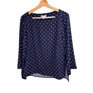 Lila Rose Womens Top Large Navy Blue Anchor Blouse Coastal Sailor Nautical Work